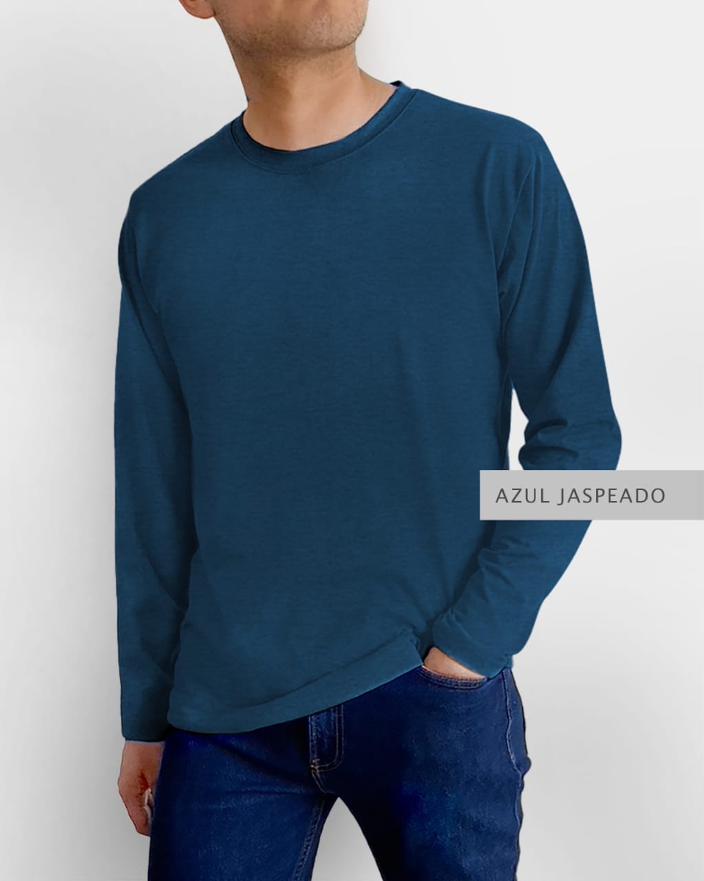 Playera Basic Manga Larga Azul Jaspeado