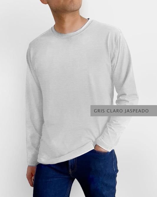 Playera Basic Manga Larga Gris Perla Jaspeado