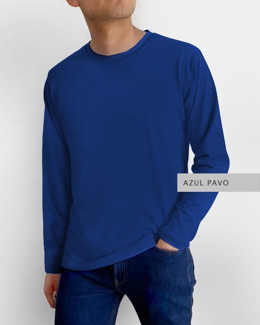 Playera Basic Manga Larga Azul Pavo